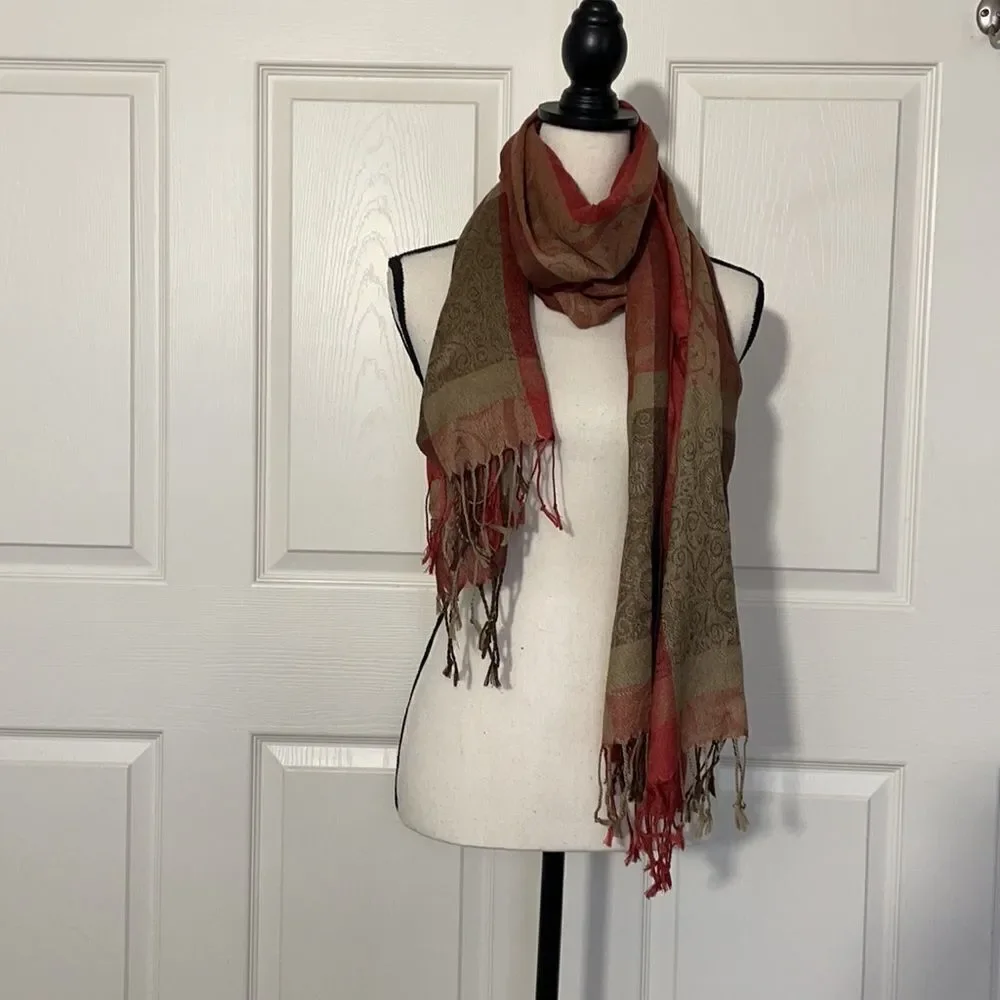 Fall Colors Paisley Plaid Long Scarf with Fringe, O/S